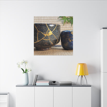 Tea Ceremony Crackle Gold Canvas Art | Philosophical Kintsugi Art
