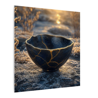 Ceramic Bowl Canvas Art | Winter Kintsugi Gold Repair Art