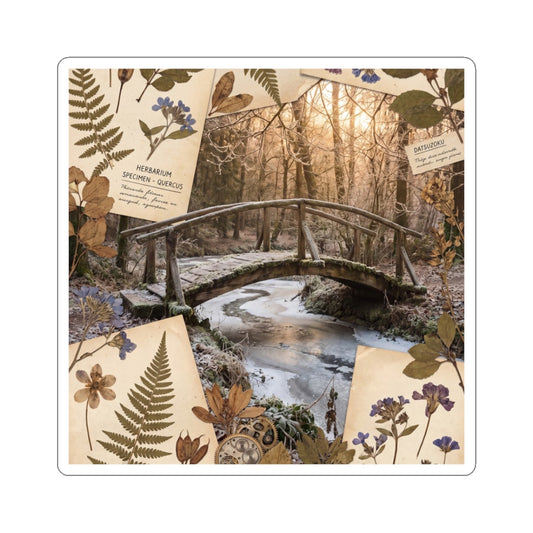 Cottagecore Wooden Bridge in Golden Hour | Herbarium Sticker Art Print