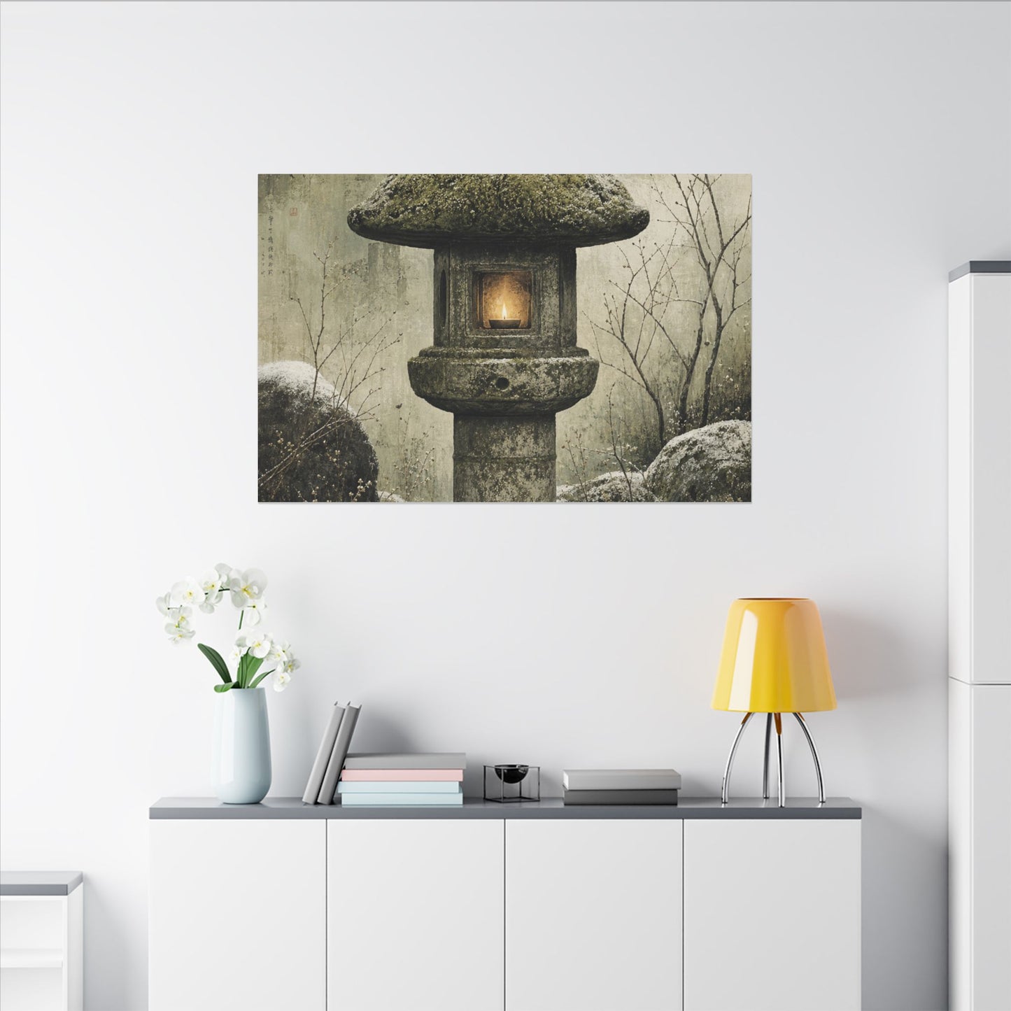 Stone Lantern Winter Canvas Art | Japandi Neutral Design