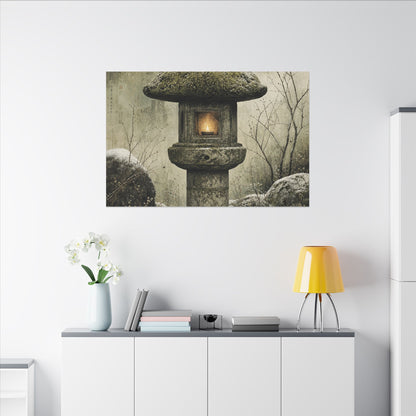 Stone Lantern Winter Canvas Art | Japandi Neutral Design