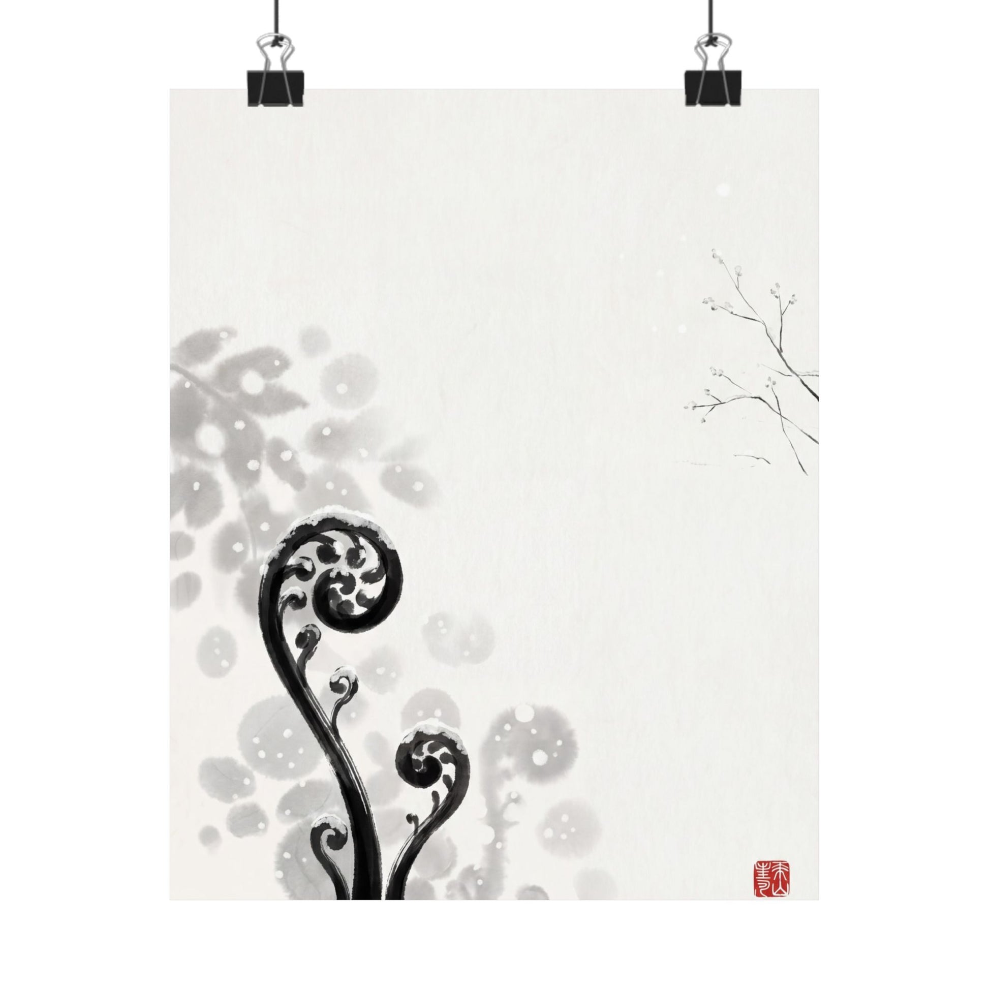 Winter Fern Unfurling Ukiyo E Inspired Wall Art Print | Serene Decor Art Print