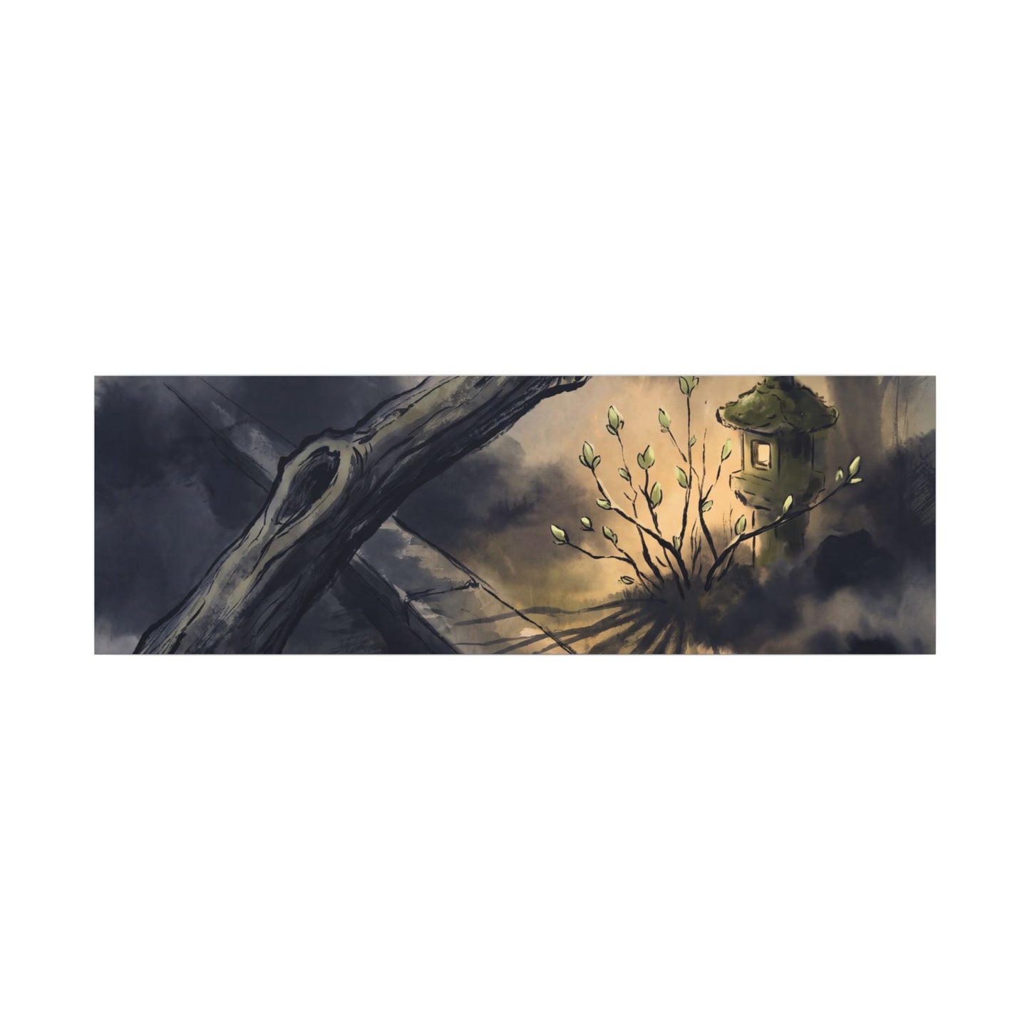 Dark Japandi Moonlit Garden in Golden Hour | Charcoal Ink Canvas Art