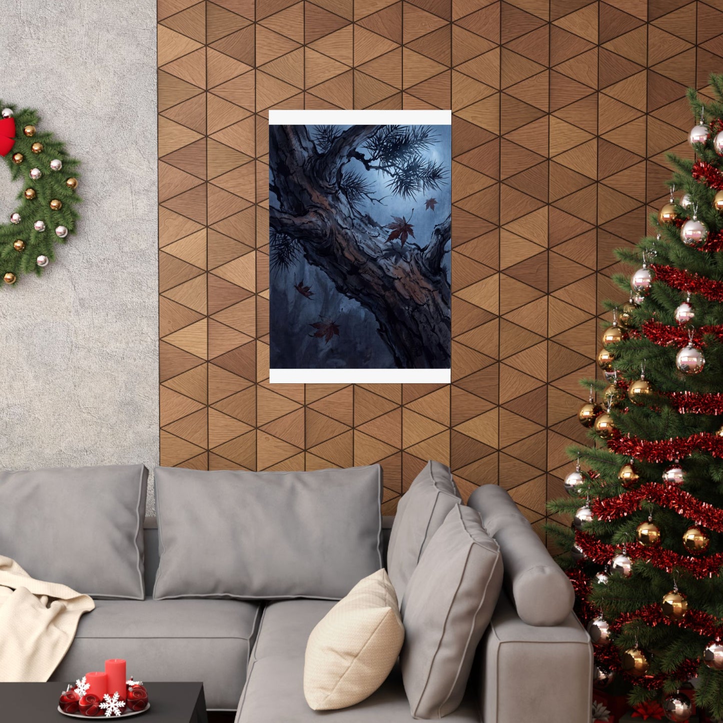 Kanso Pine Tree Wall Art Print - Dark Japandi Shadow Zen