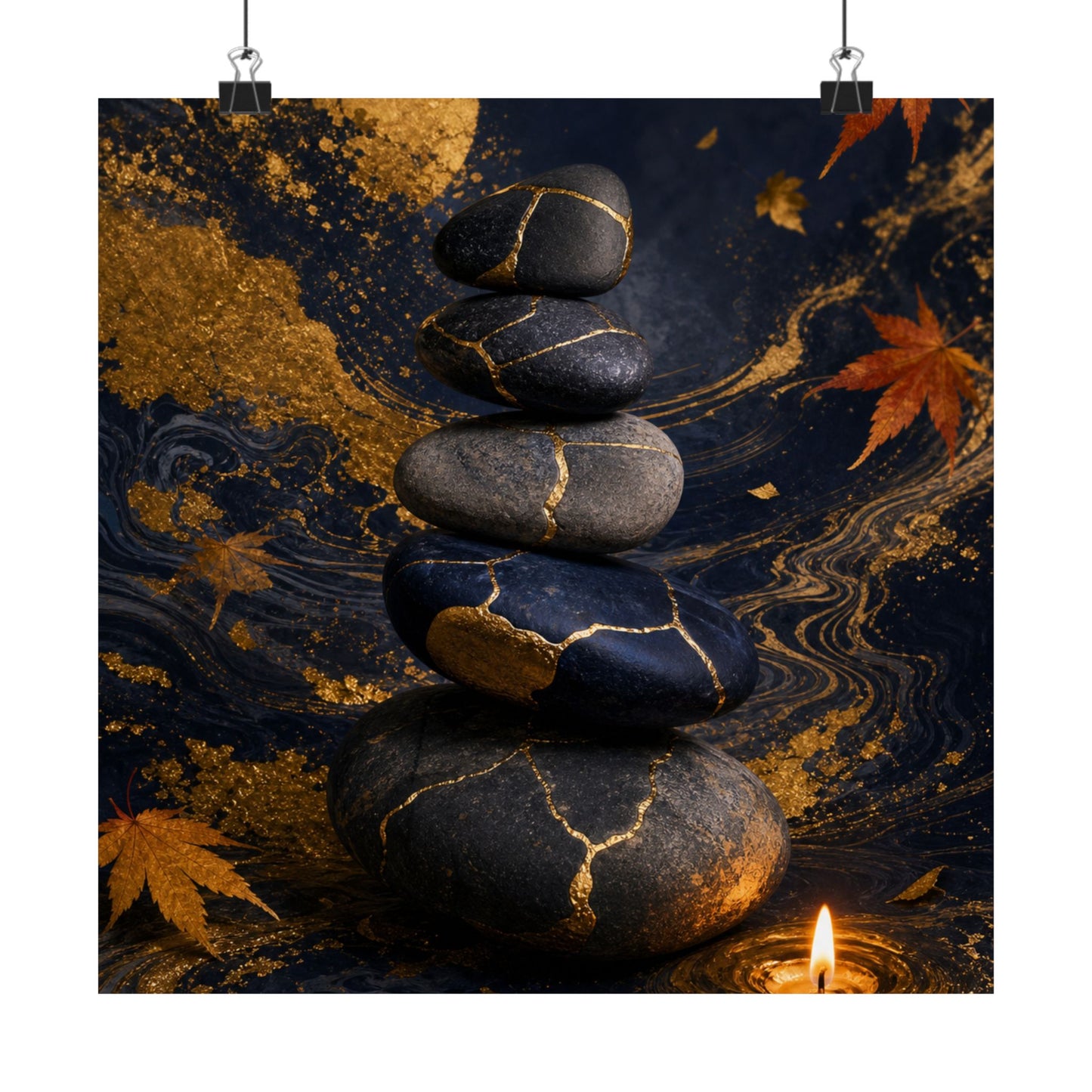 River Stones Wall Art Print | Autumn Kintsugi Gold Vein Art