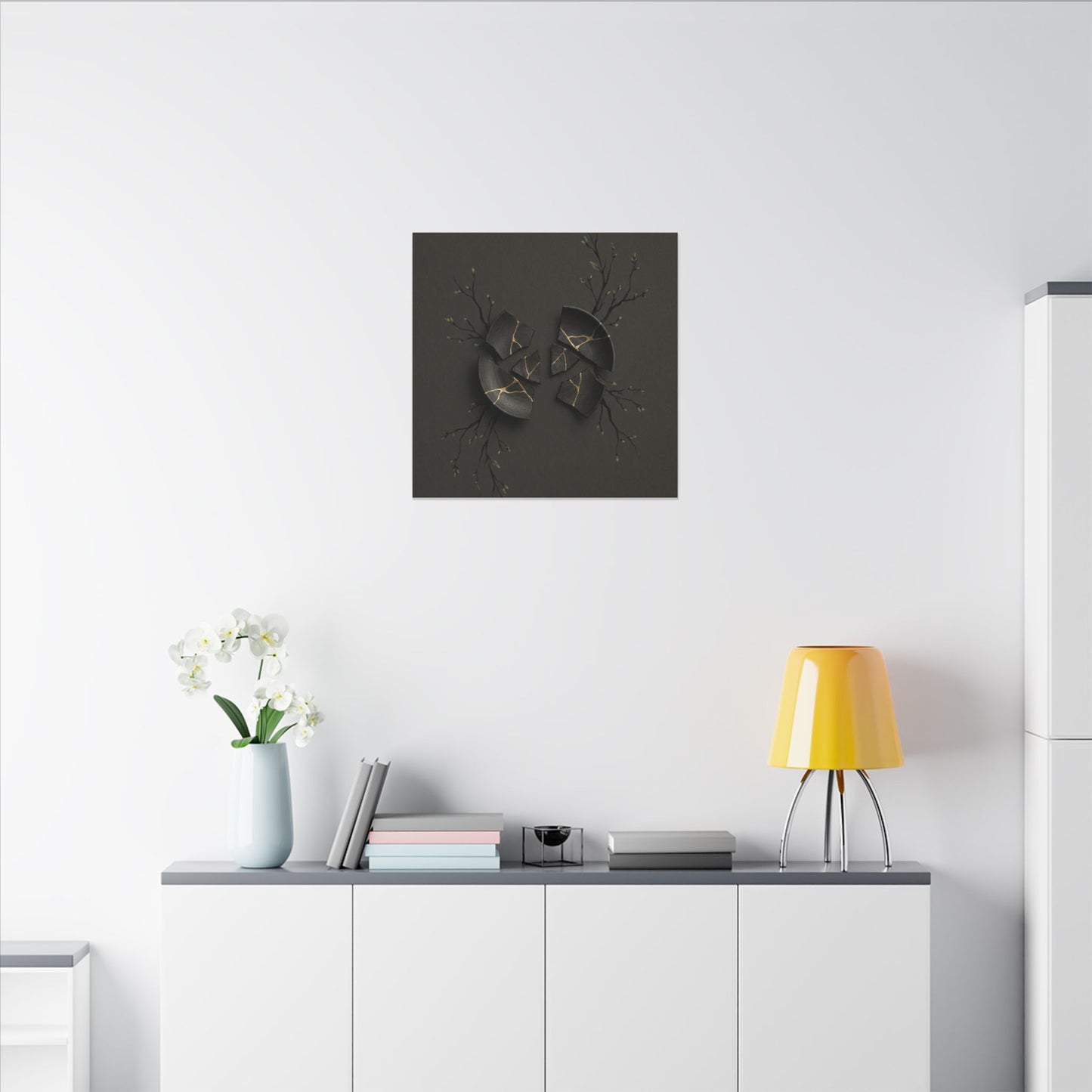 Sophisticated Broken Pottery Canvas Art - Charcoal Ink Dark Japandi