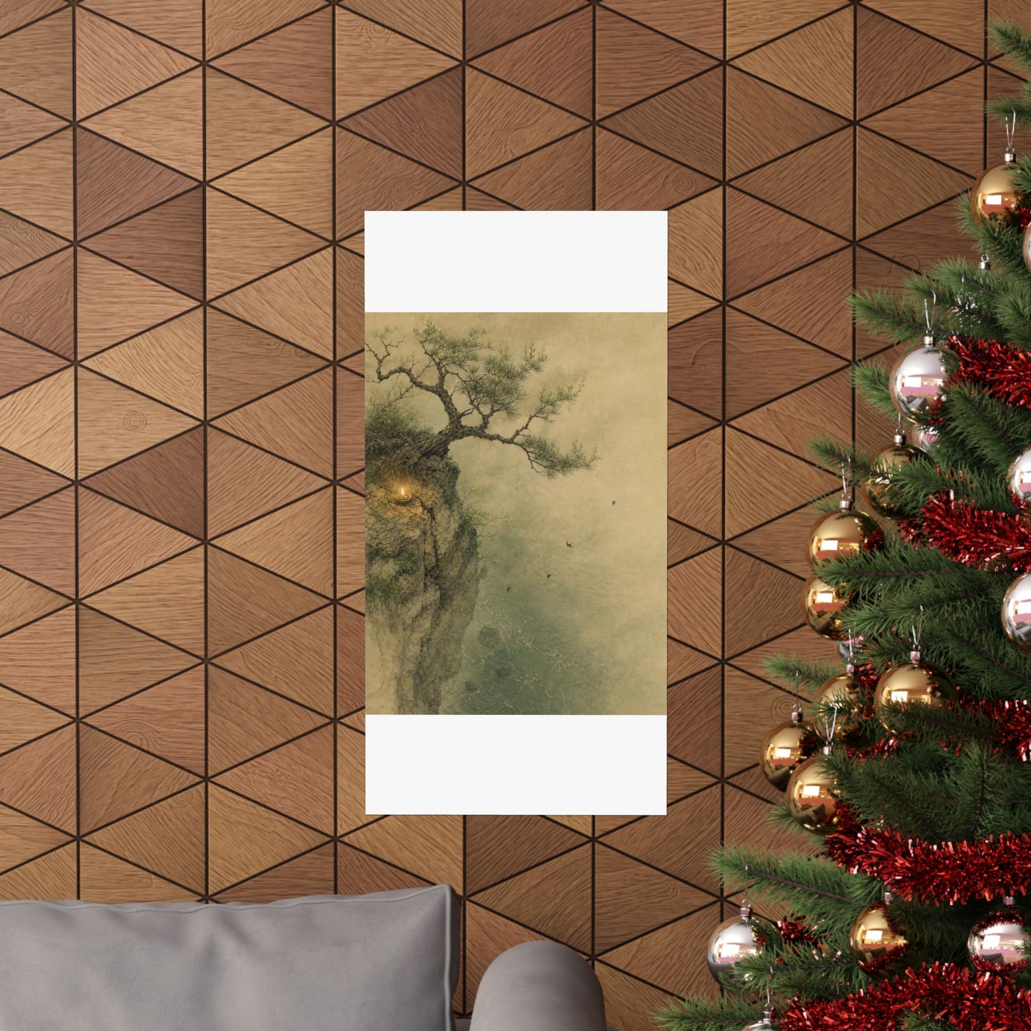 Japandi Pine Tree in Candlelight | Minimal Line Wall Art Print
