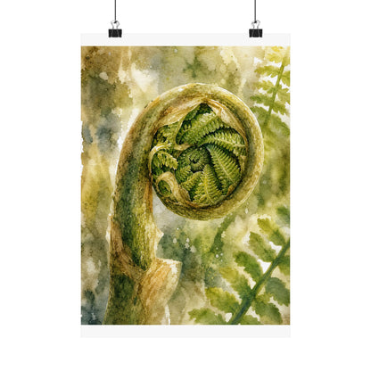 Elegant Fern Unfurling Wall Art Print - Watercolor Japandi