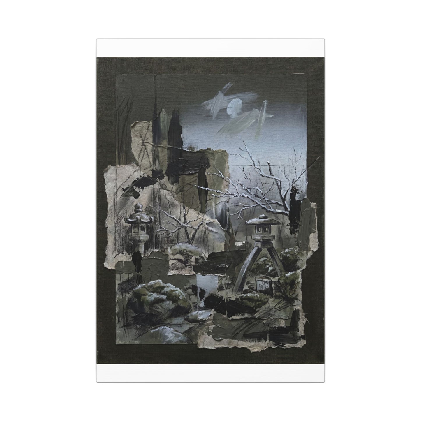 Winter Moonlit Garden Dark Texture Canvas Art | Moody Decor