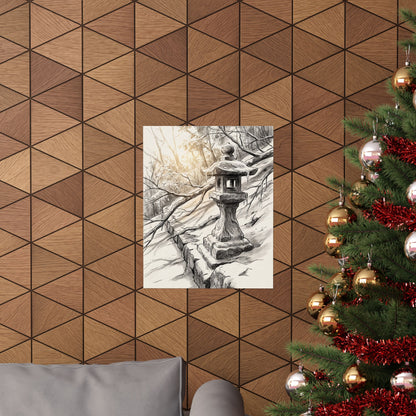 Japandi Stone Lantern in Golden Hour | Minimal Line Wall Art Print