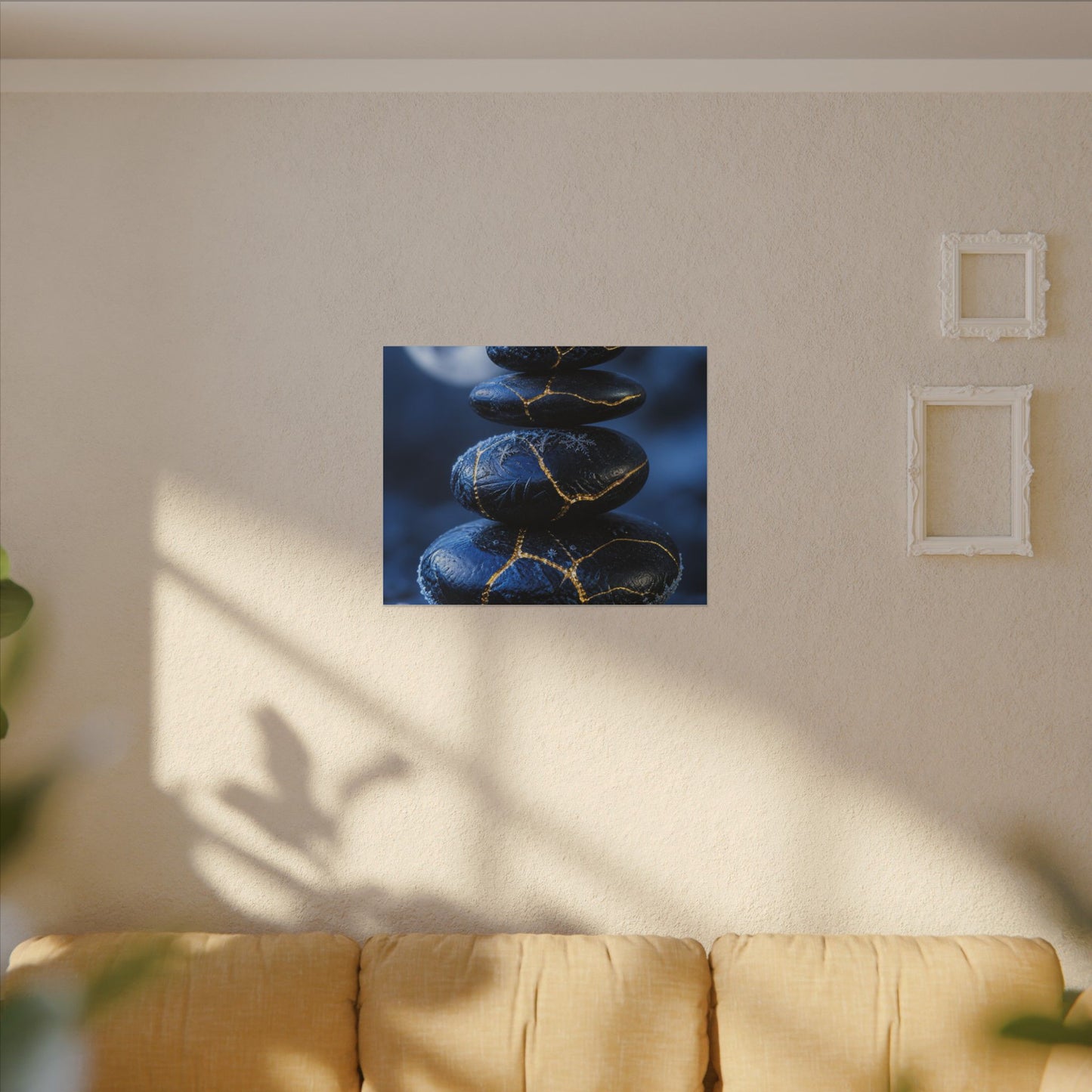 River Stones Canvas Art | Winter Kintsugi Gold Repair Art