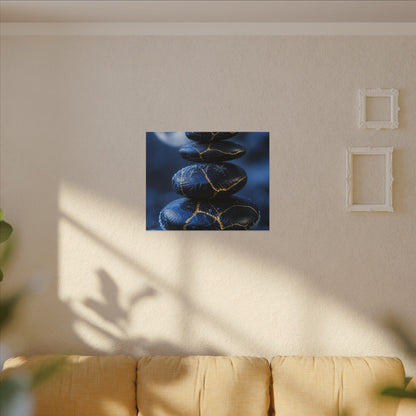 River Stones Canvas Art | Winter Kintsugi Gold Repair Art