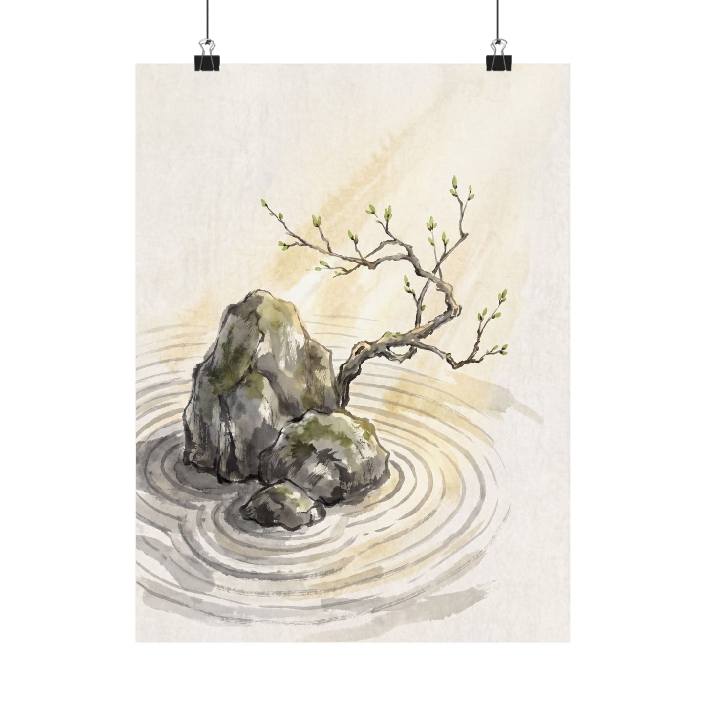 Zen Rock Garden in Golden Hour | Sumi E Wall Art Print Art Print