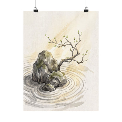 Zen Rock Garden in Golden Hour | Sumi E Wall Art Print Art Print