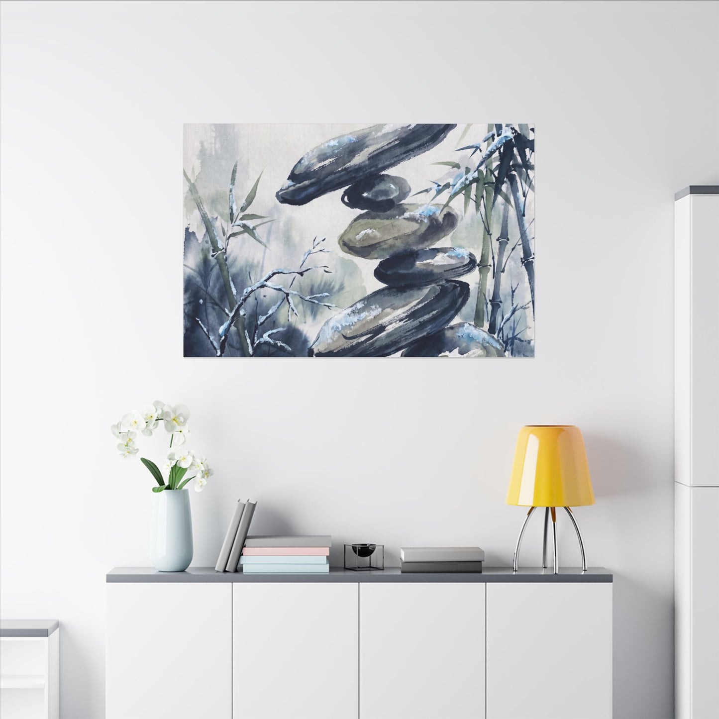 Zen River Stones in Moonlight | Sumi E Canvas Art