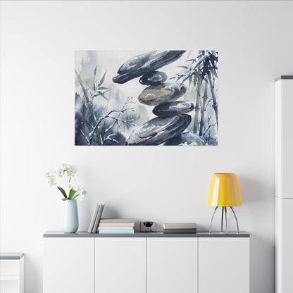 Zen River Stones in Moonlight | Sumi E Canvas Art