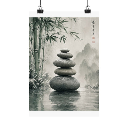 River Stones Sumi E Wall Art Print | Tranquil Zen Art