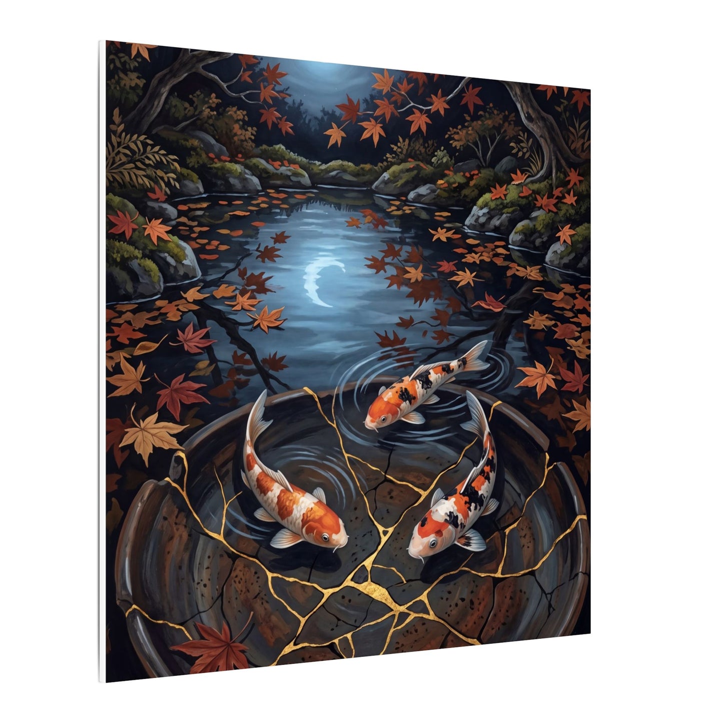 Koi Pond Canvas Art | Autumn Kintsugi Gold Repair Art