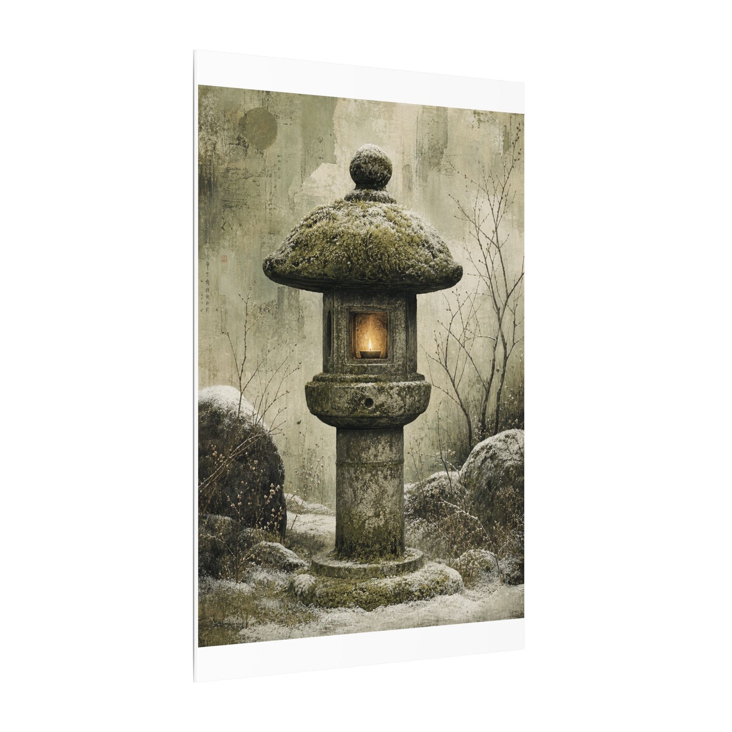Stone Lantern Winter Canvas Art | Japandi Neutral Design