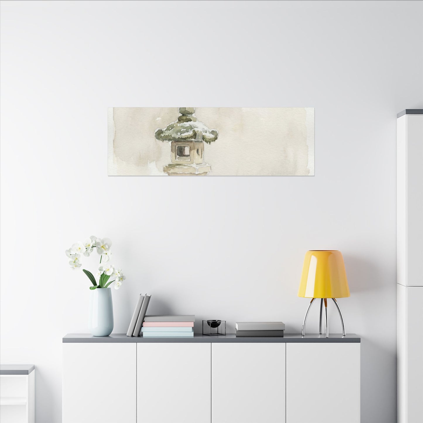 Stone Lantern Winter Canvas Art | Japandi Earthy Design