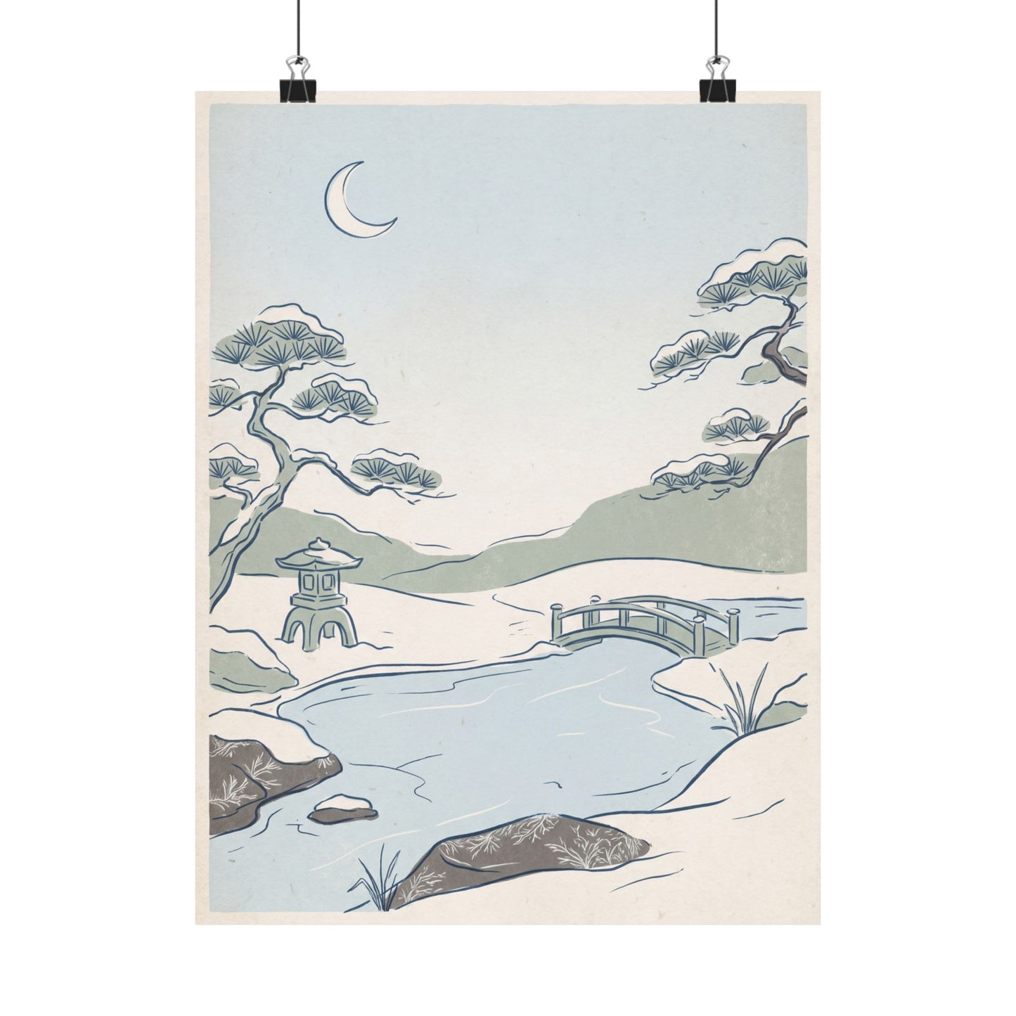 Moonlit Garden Minimal Line Wall Art Print | Neutral Japandi Art