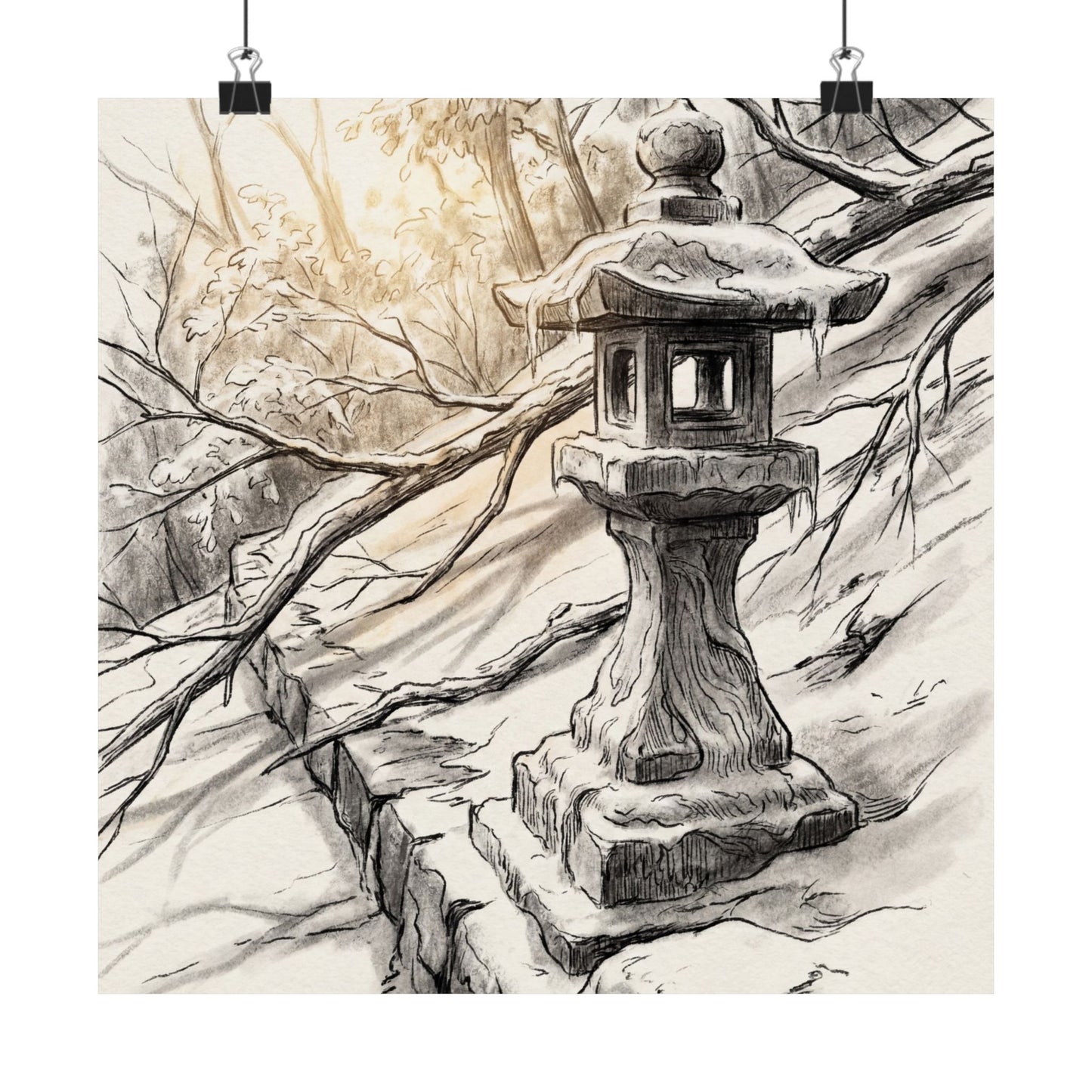 Japandi Stone Lantern in Golden Hour | Minimal Line Wall Art Print Art Print