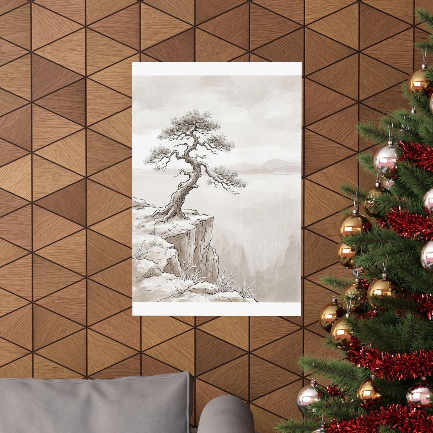Japandi Pine Tree in Overcast | Minimal Line Wall Art Print