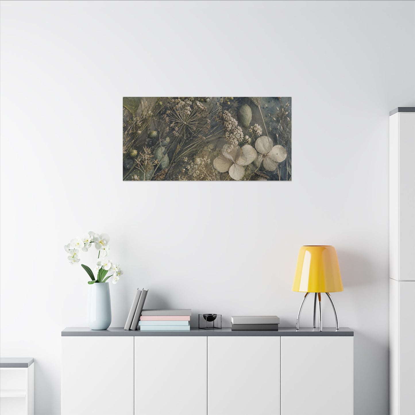 Japandi Dried Flowers in Moonlight | Watercolor Canvas Art