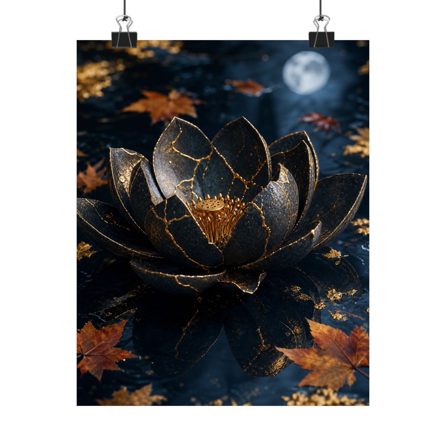 Kintsugi Lotus Flower in Moonlight | Gold Repair Wall Art Print