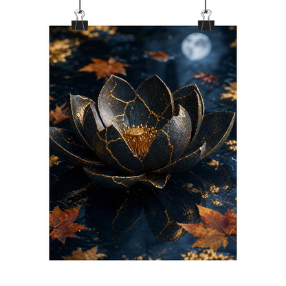 Kintsugi Lotus Flower in Moonlight | Gold Repair Wall Art Print