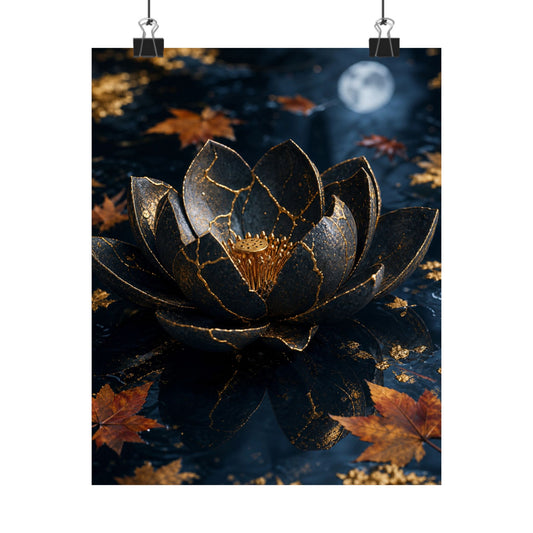 Kintsugi Lotus Flower in Moonlight | Gold Repair Wall Art Print