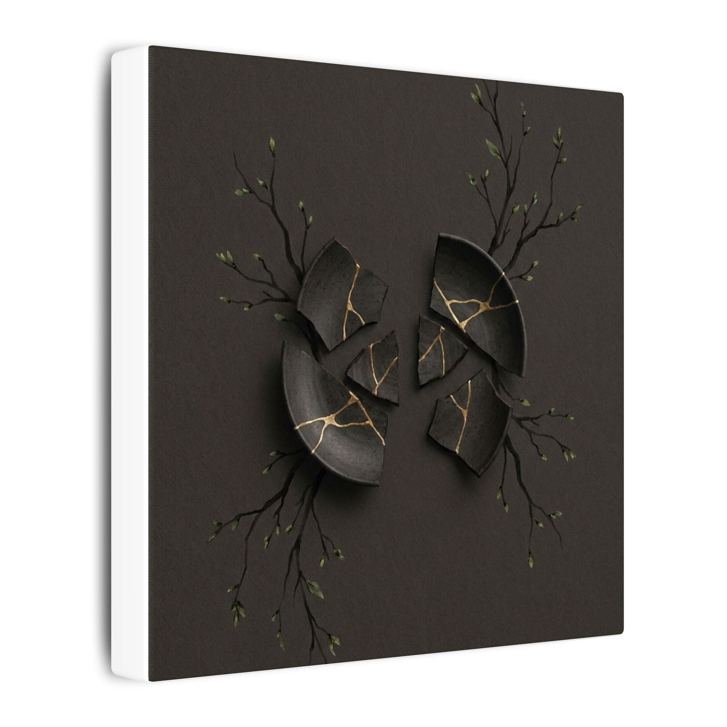 Sophisticated Broken Pottery Canvas Art - Charcoal Ink Dark Japandi
