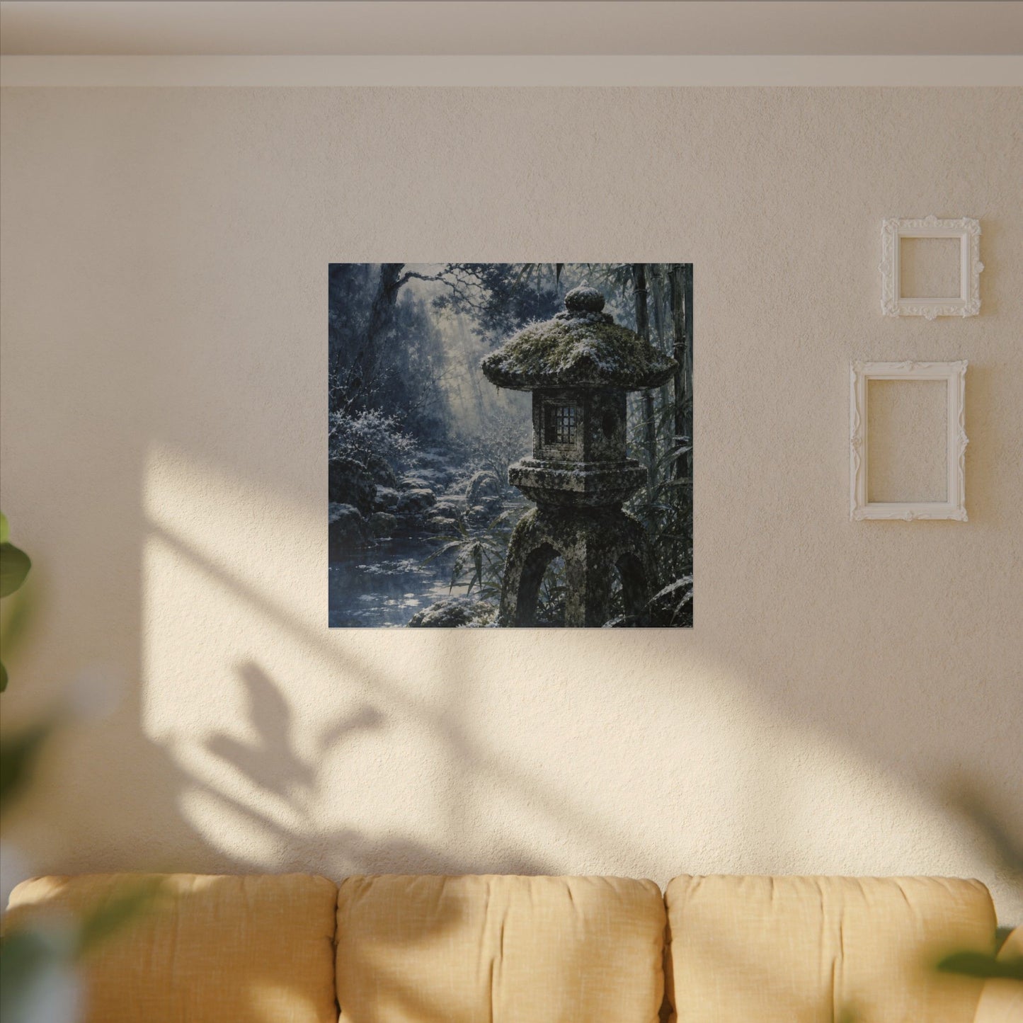Zen Stone Lantern in Dappled | Sumi E Canvas Art