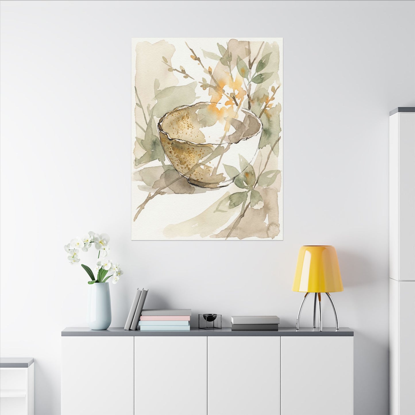 Spring Ceramic Bowl Watercolor Canvas Art | Neutral Decor