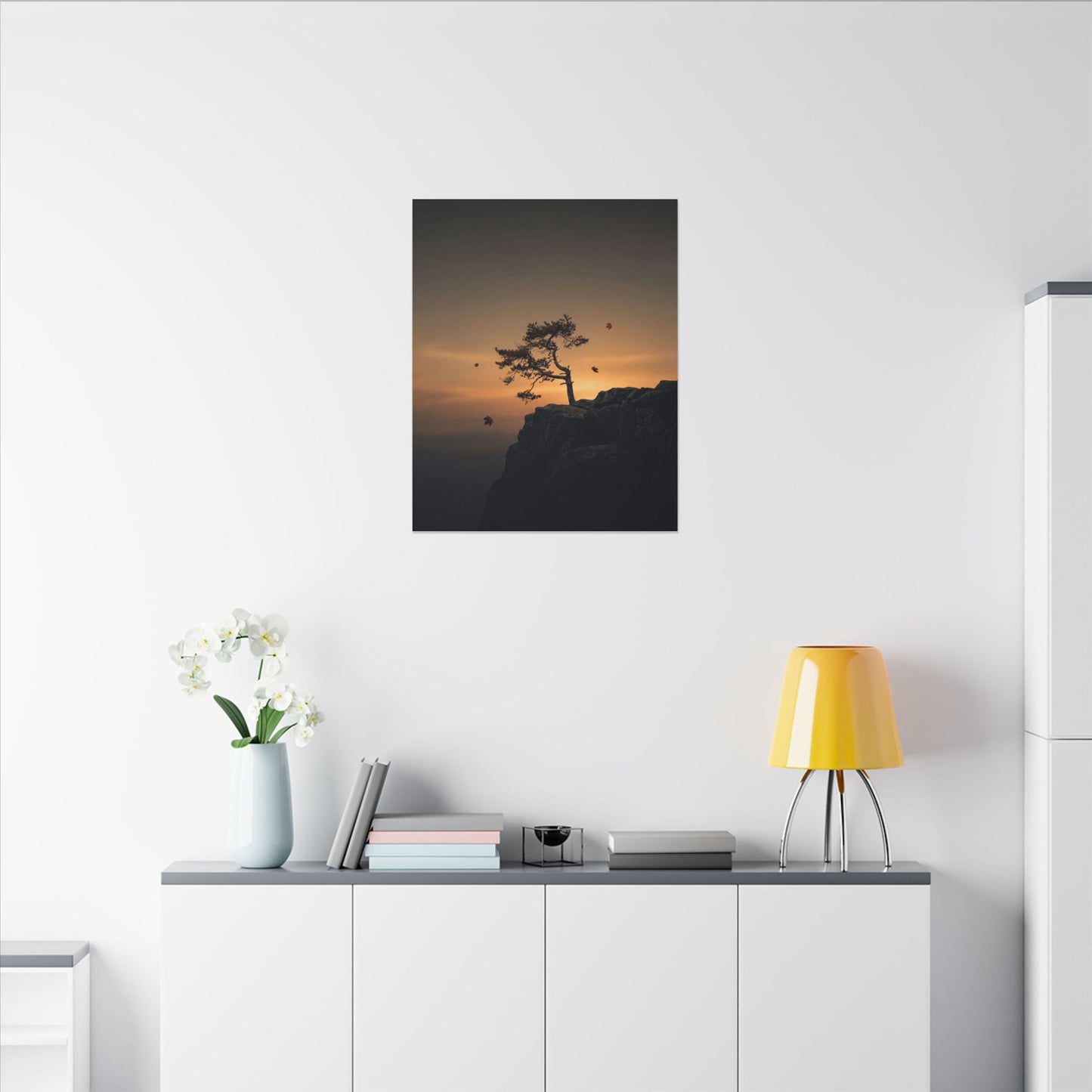 Dark Japandi Pine Tree in Golden Hour | Moody Minimal Canvas Art