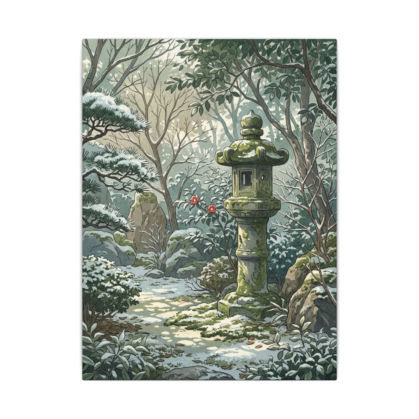 Stone Lantern Winter Canvas Art | Japandi Warm Design