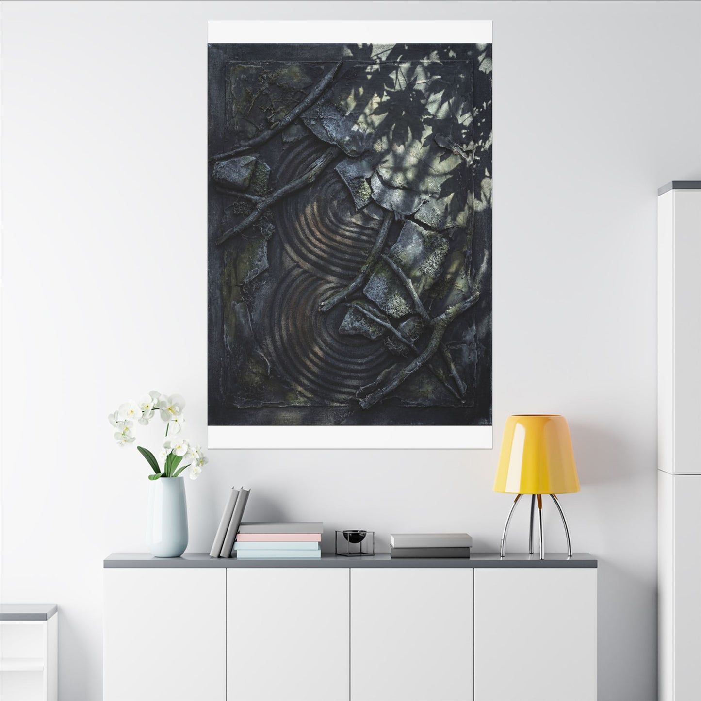 Rock Garden Canvas Art | Winter Dark Japandi Dark Texture Art