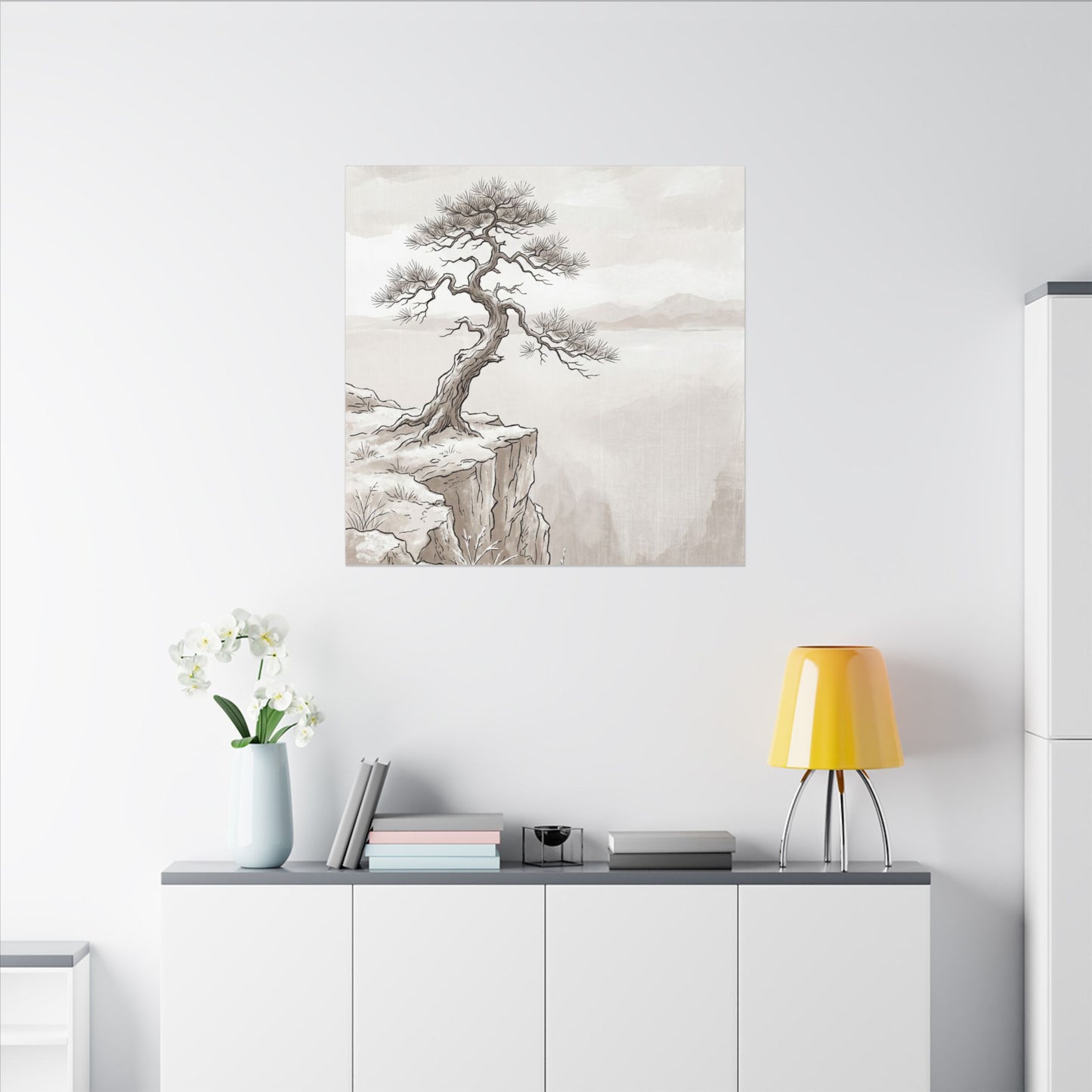 Neutral Pine Tree Canvas Art - Minimal Line Japandi