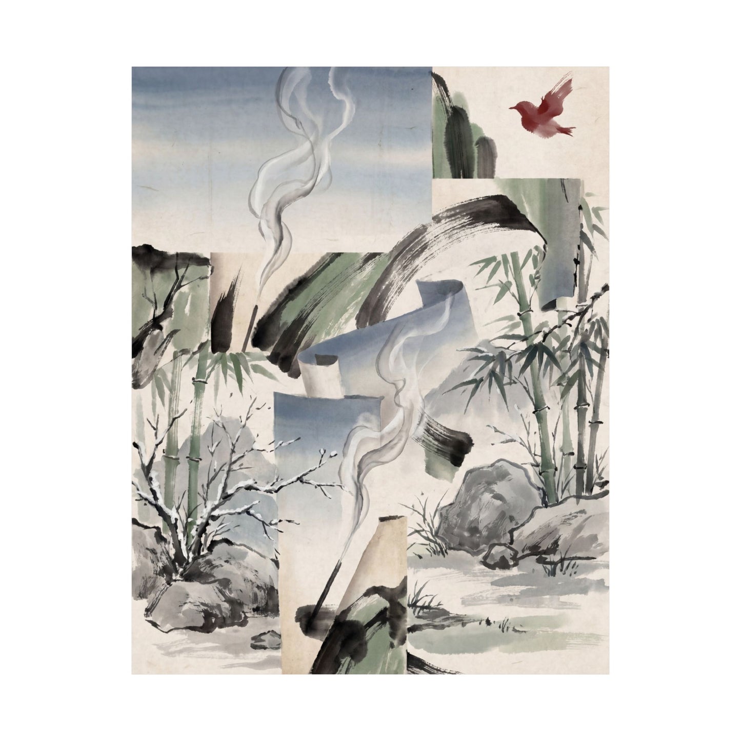 Serene Incense Smoke Wall Art Print - Sumi E Zen