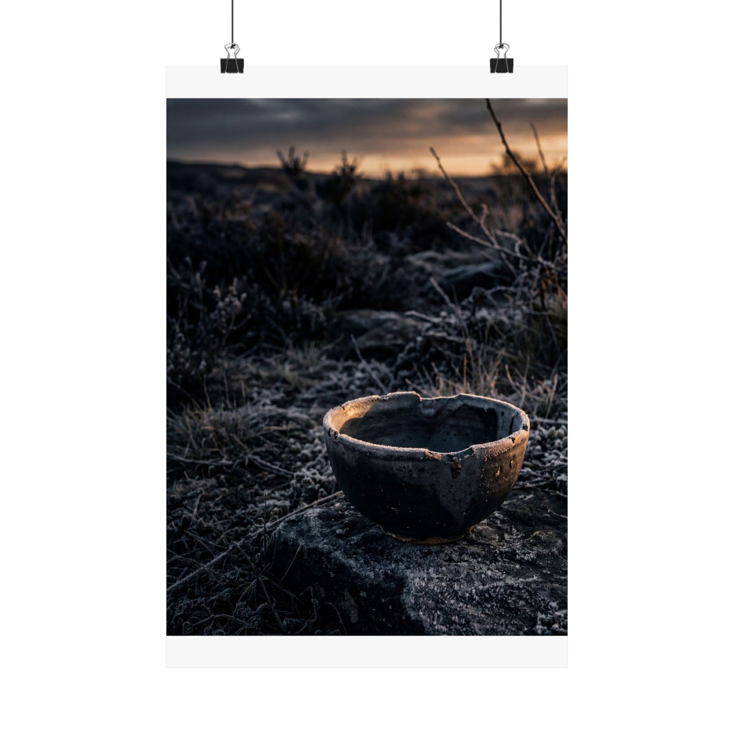 Dark Japandi Ceramic Bowl in Golden Hour | Dark Texture Wall Art Print