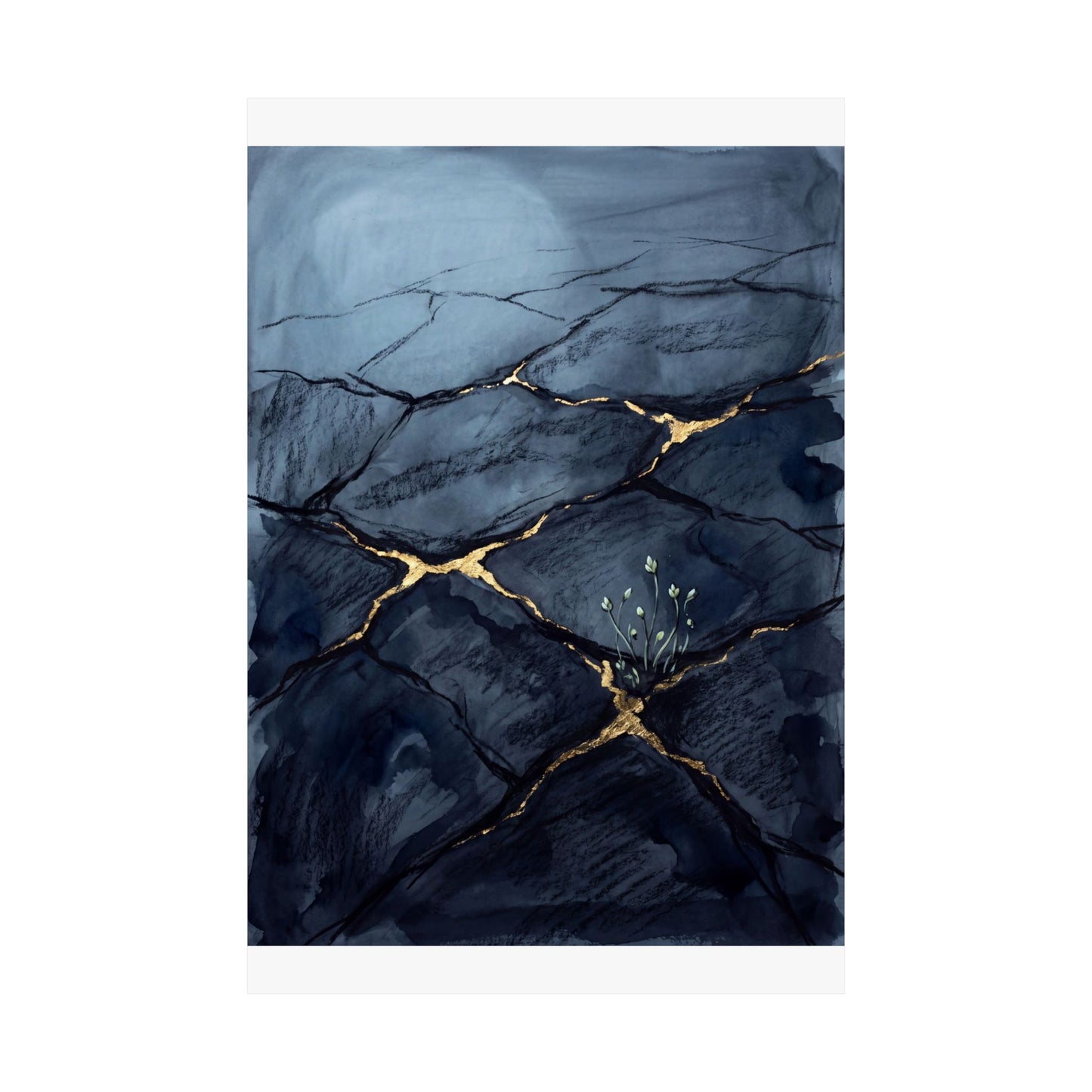 Mono No Aware Cracked Earth Wall Art Print - Dark Japandi Charcoal Ink