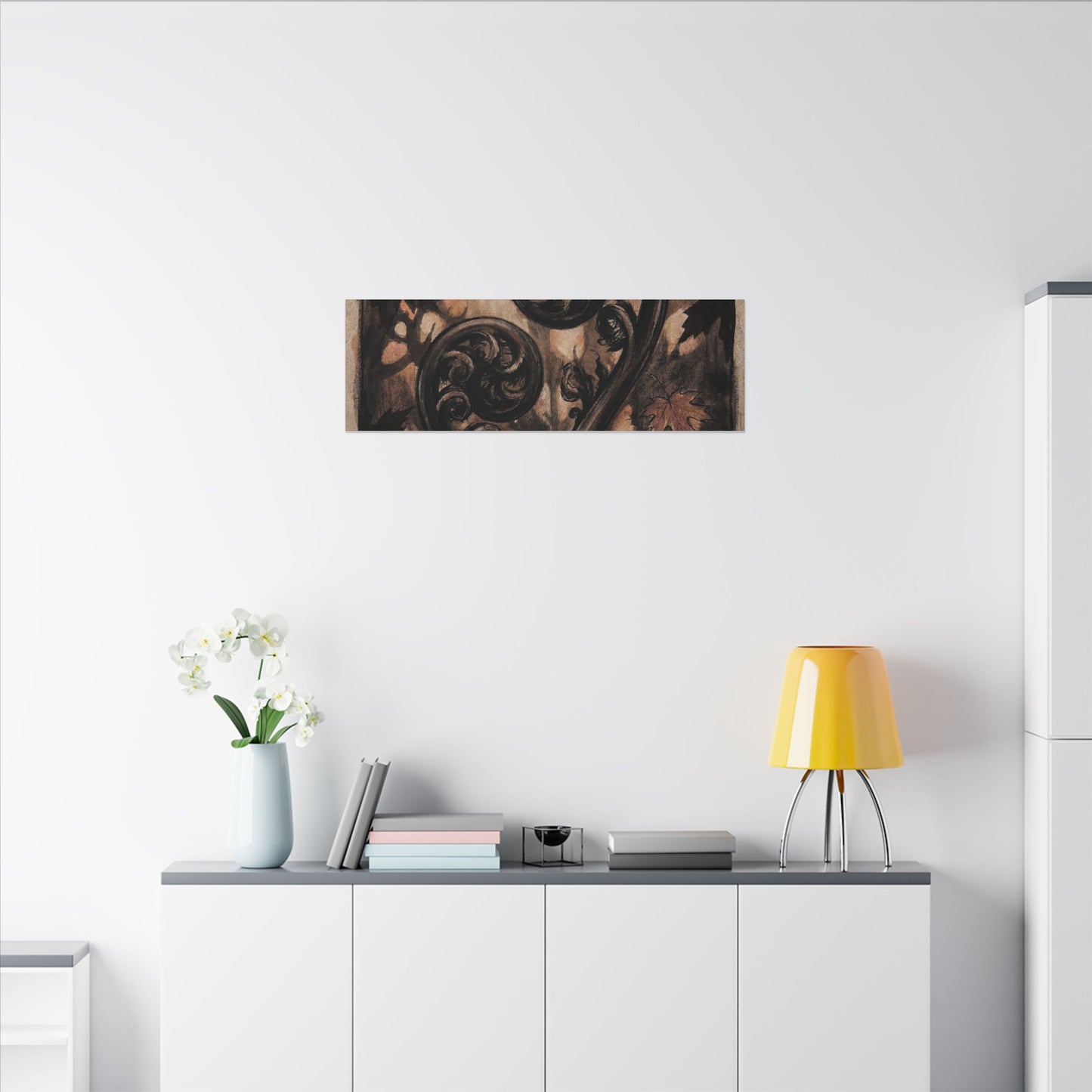 Mono No Aware Fern Unfurling Canvas Art - Dark Japandi Charcoal Ink