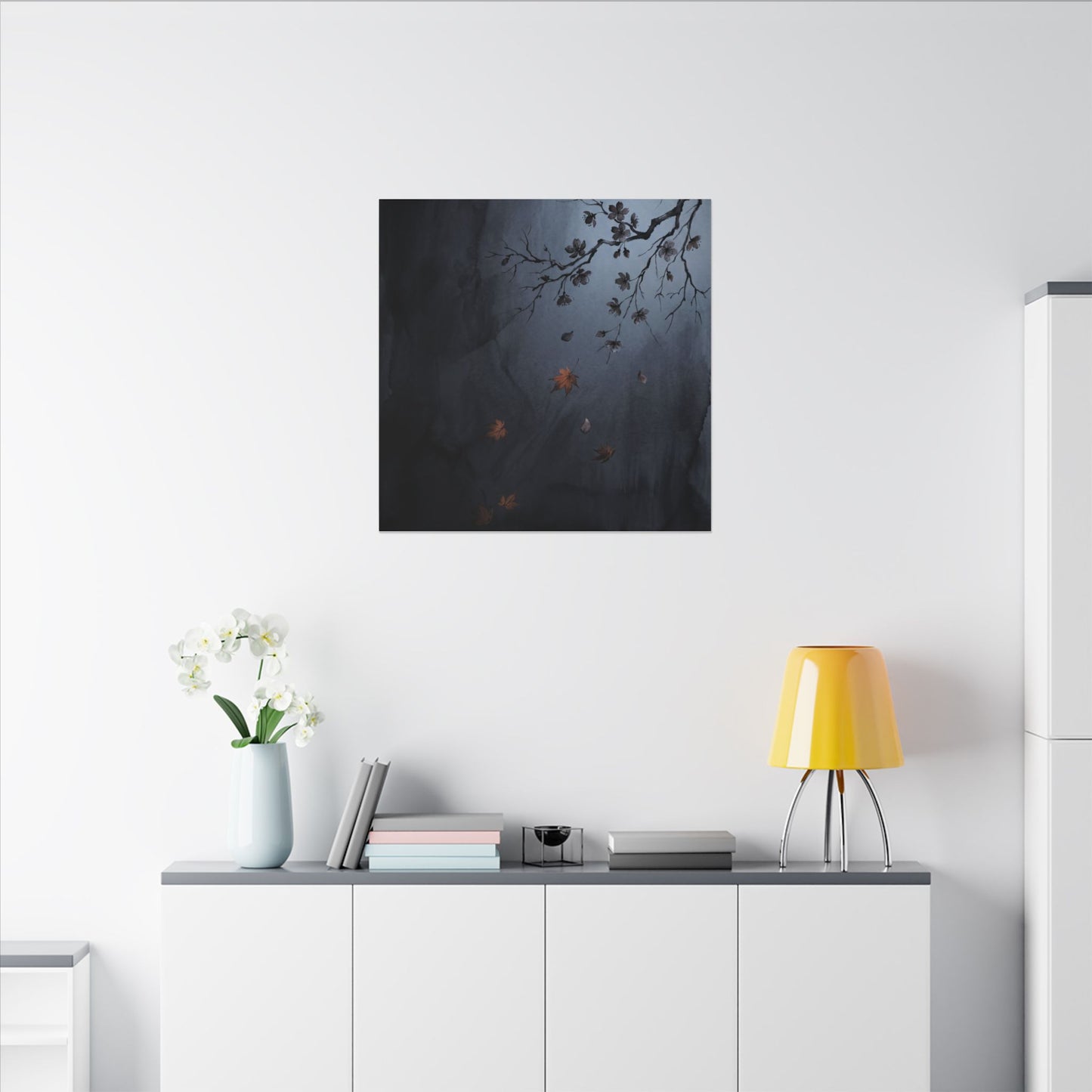 Autumn Cherry Blossom Charcoal Ink Canvas Art | Atmospheric Decor