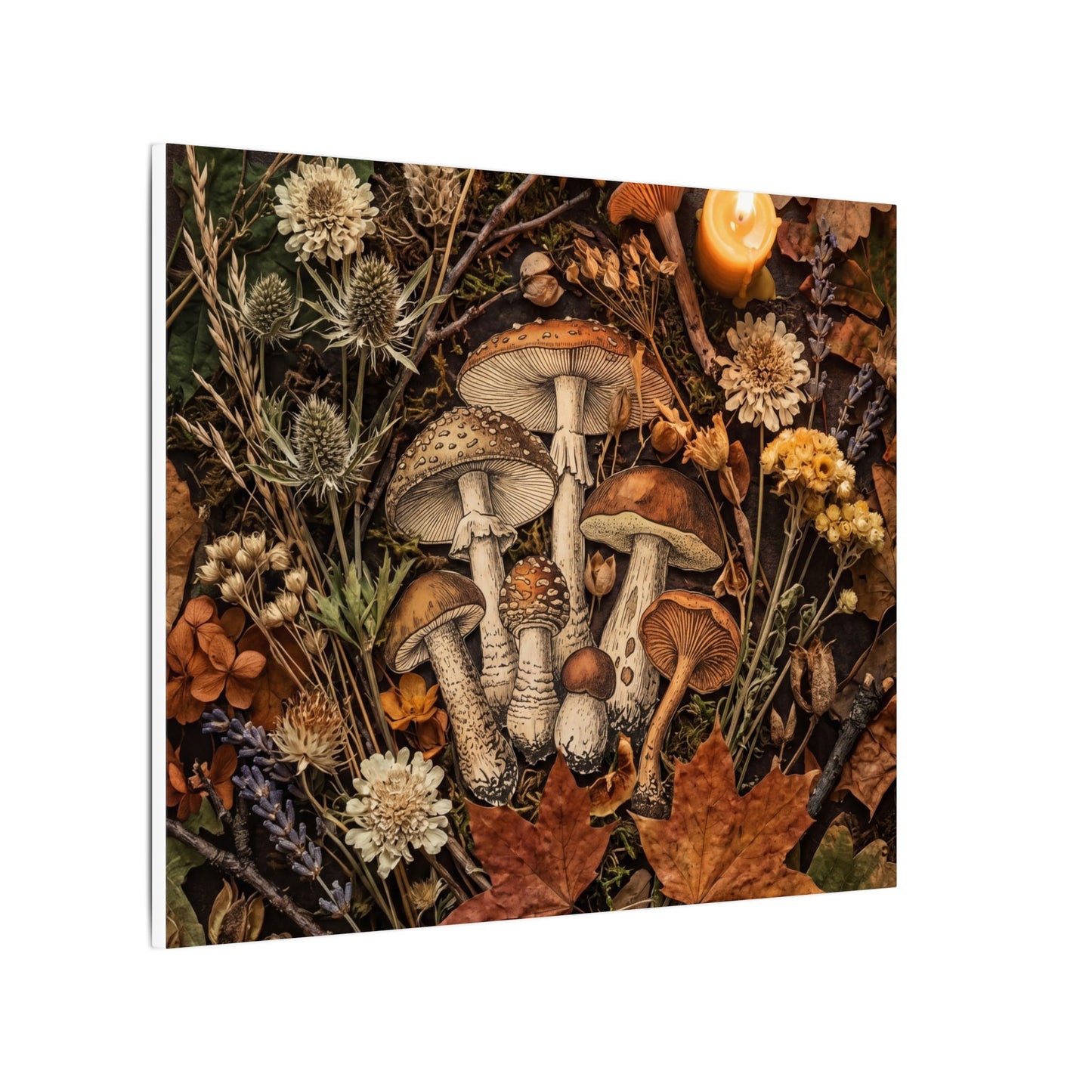 Autumn Dried Flowers Mushroom Illustration Canvas Art | Earthy Decor