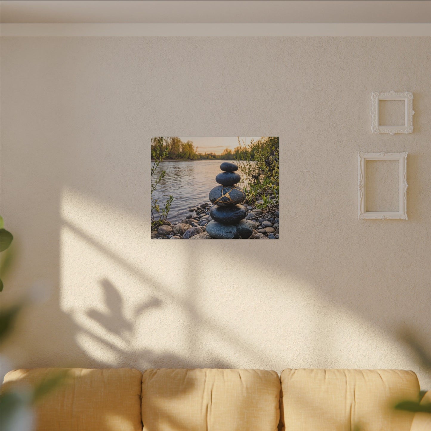 Kintsugi River Stones in Golden Hour | Gold Vein Canvas Art
