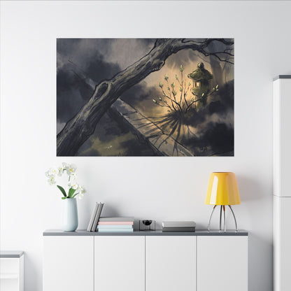 Dark Japandi Moonlit Garden in Golden Hour | Charcoal Ink Canvas Art