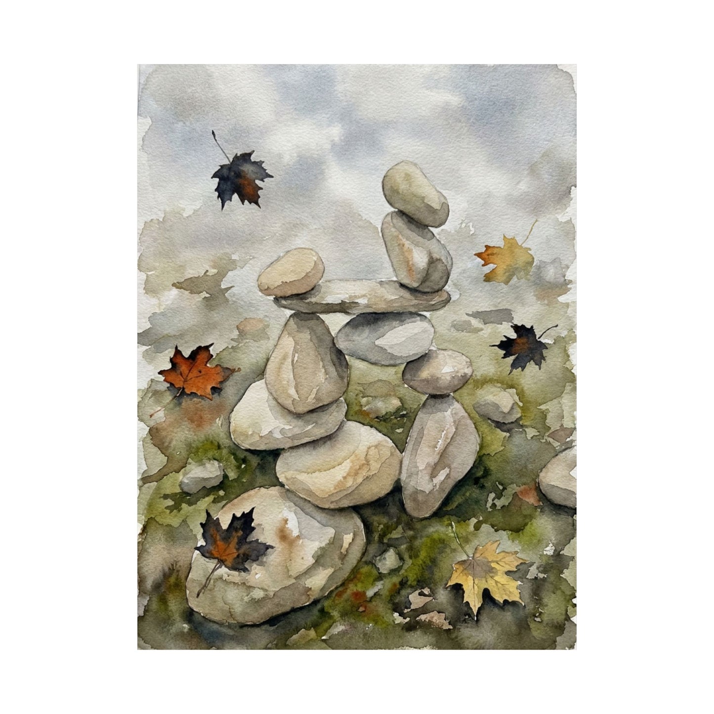 Earthy River Stones Wall Art Print - Watercolor Japandi