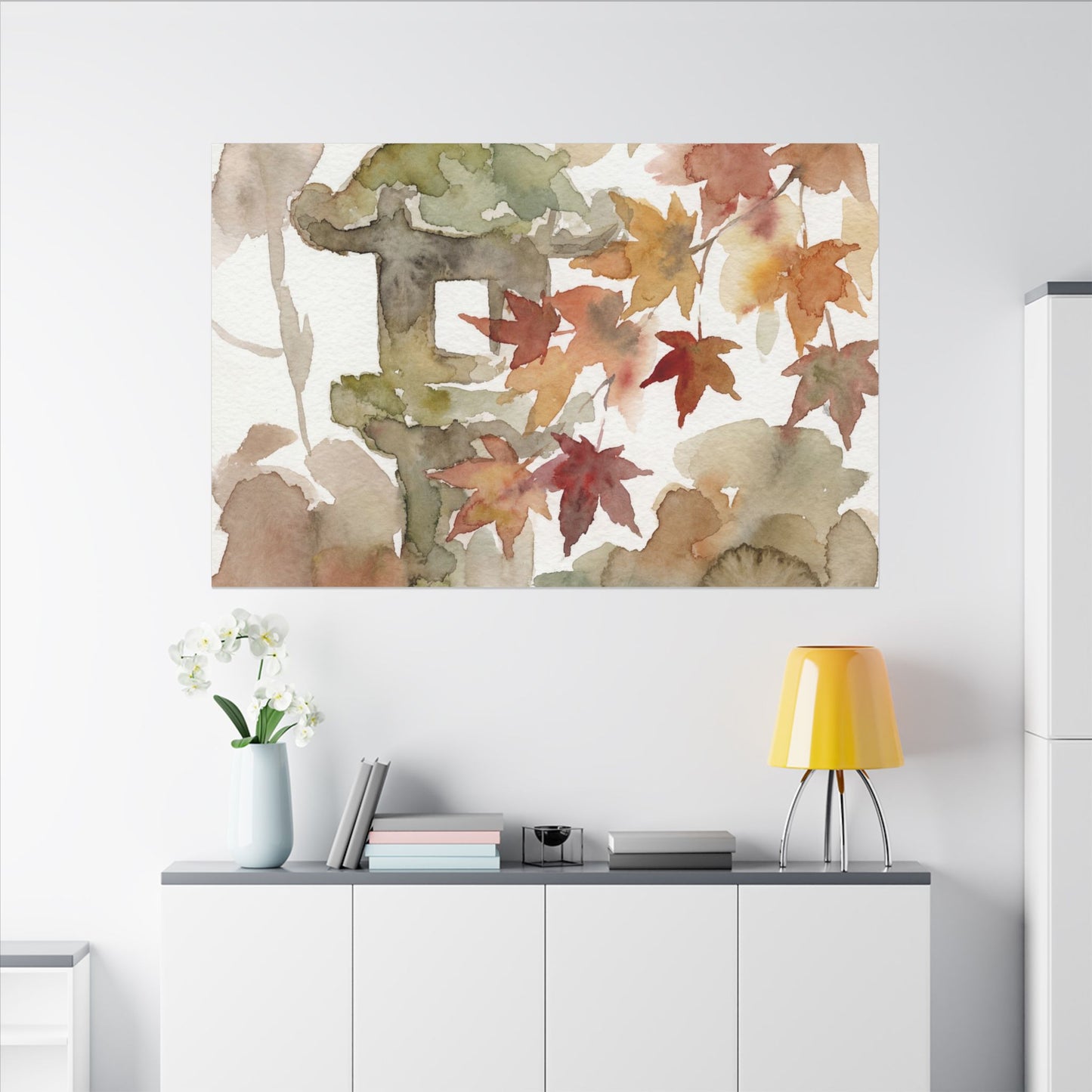 Stone Lantern Watercolor Canvas Art | Earthy Japandi Art