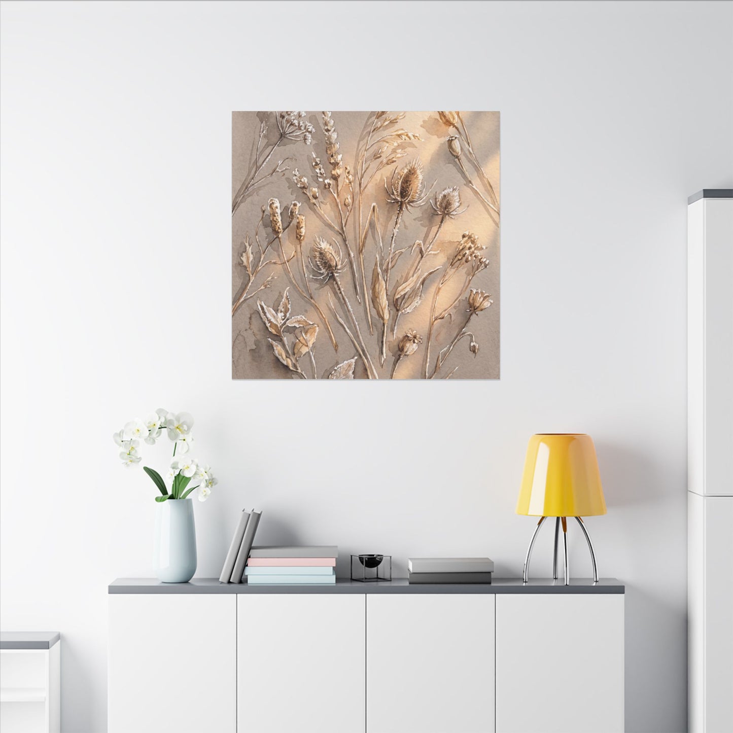 Japandi Dried Flowers in Golden Hour | Watercolor Canvas Art