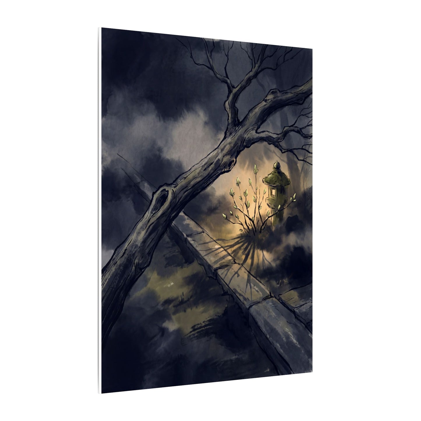 Dark Japandi Moonlit Garden in Golden Hour | Charcoal Ink Canvas Art